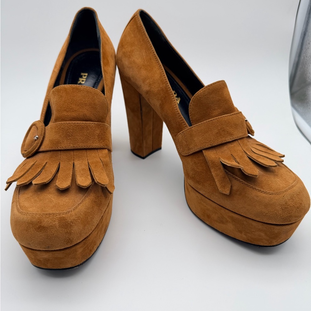 Prada Platform Loafers Suede Cognac Brown Kiltie Fringe Block Heel